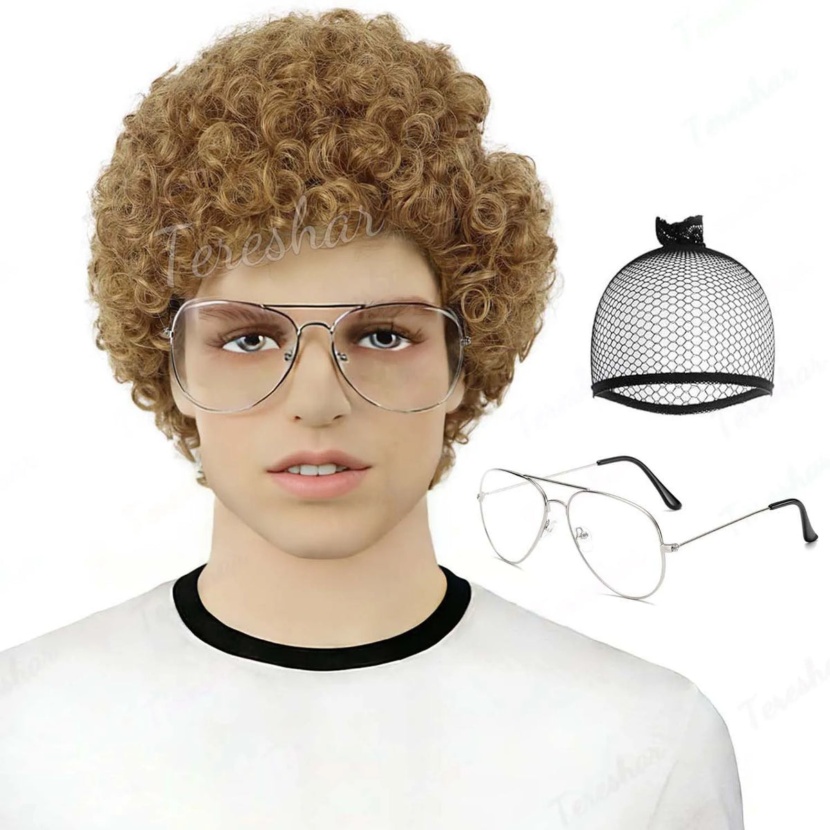 Short Brown Curly Afro Wig with Glasses for Men Costume and Cosplay