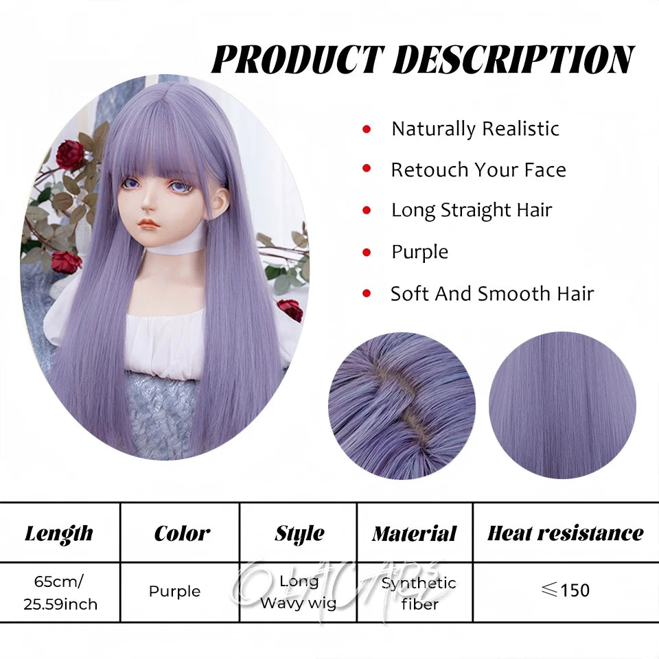 Long Straight Synthetic Wig with Bangs for Cosplay and Parties