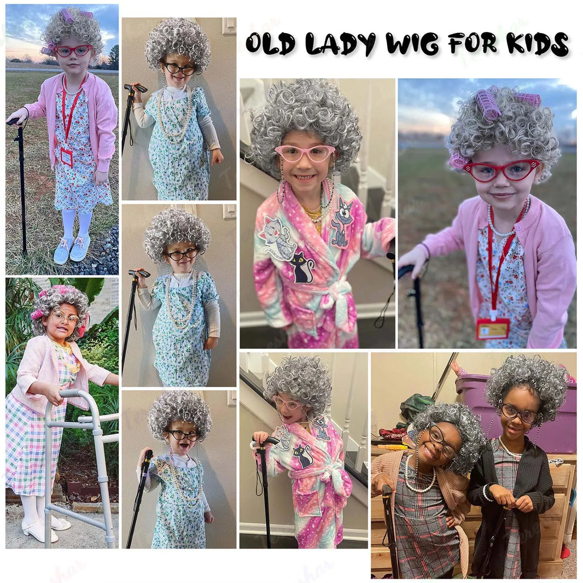 Kids Old Lady Costume Granny Wig Set for 100th Day of School Halloween