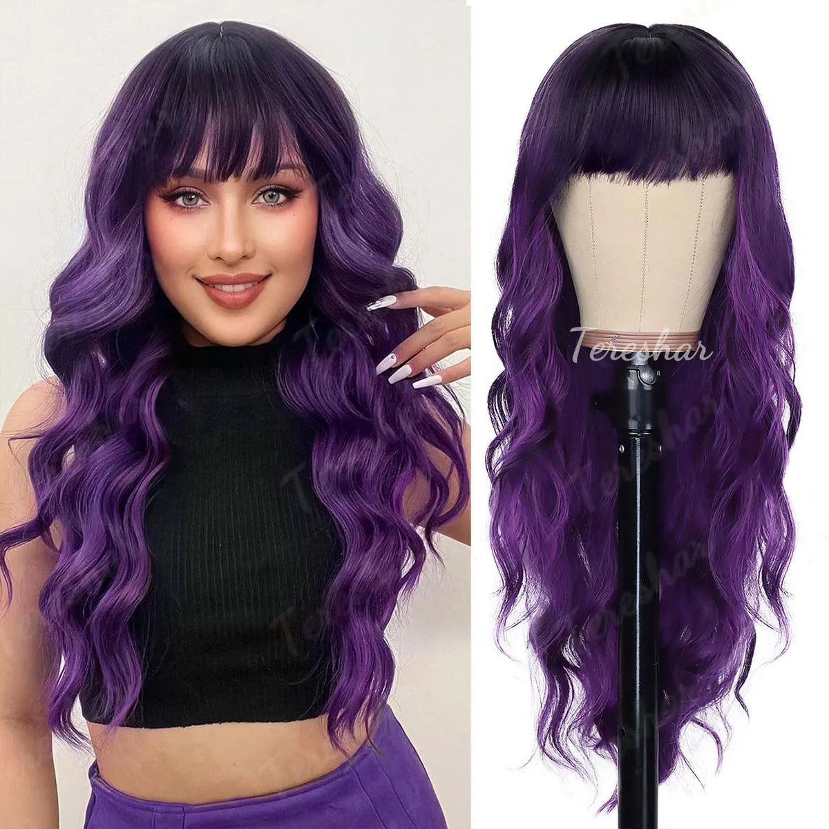 Long Wavy Orange Wig with Bangs for Cosplay and Daily Wear