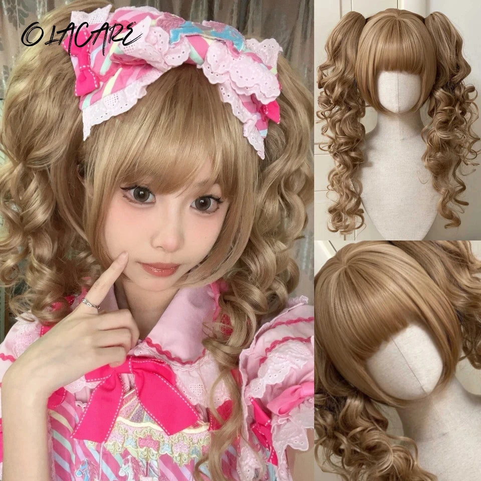 Wavy Brown Cosplay Wig with Curly Pigtails for Costume Parties - 73