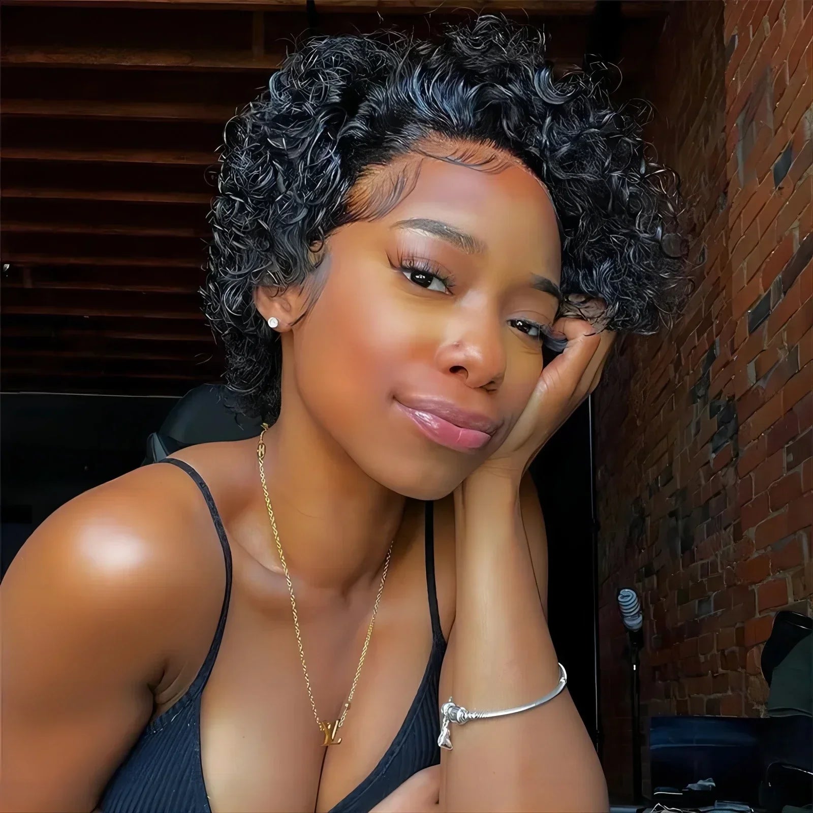 Short Curly Pixie Cut Human Hair Lace Front Wig - 16
