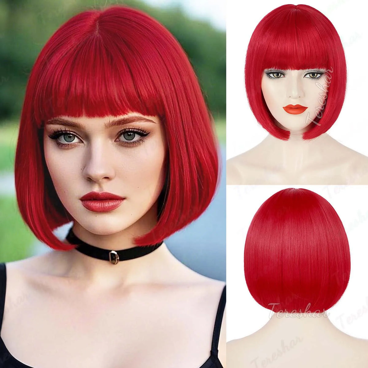 Short Straight Bob Synthetic Wig with Natural Bangs for Daily Wear