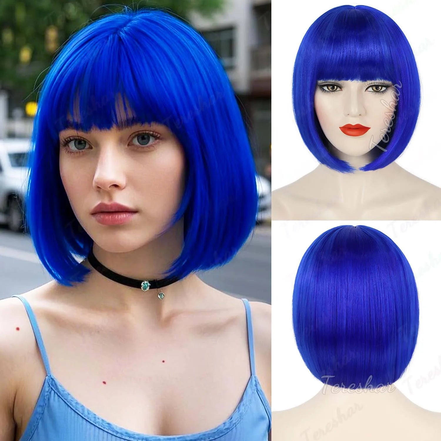 Short Straight Bob Synthetic Wig with Natural Bangs for Daily Wear - 19