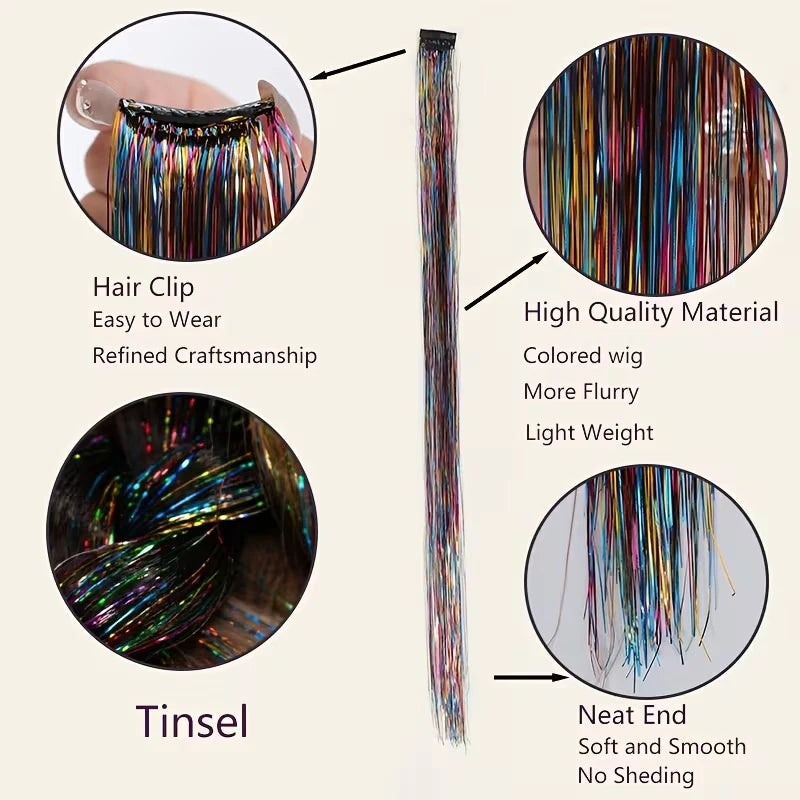 Rainbow Glitter Tinsel Hair Extensions Clip In for Party and Daily Style