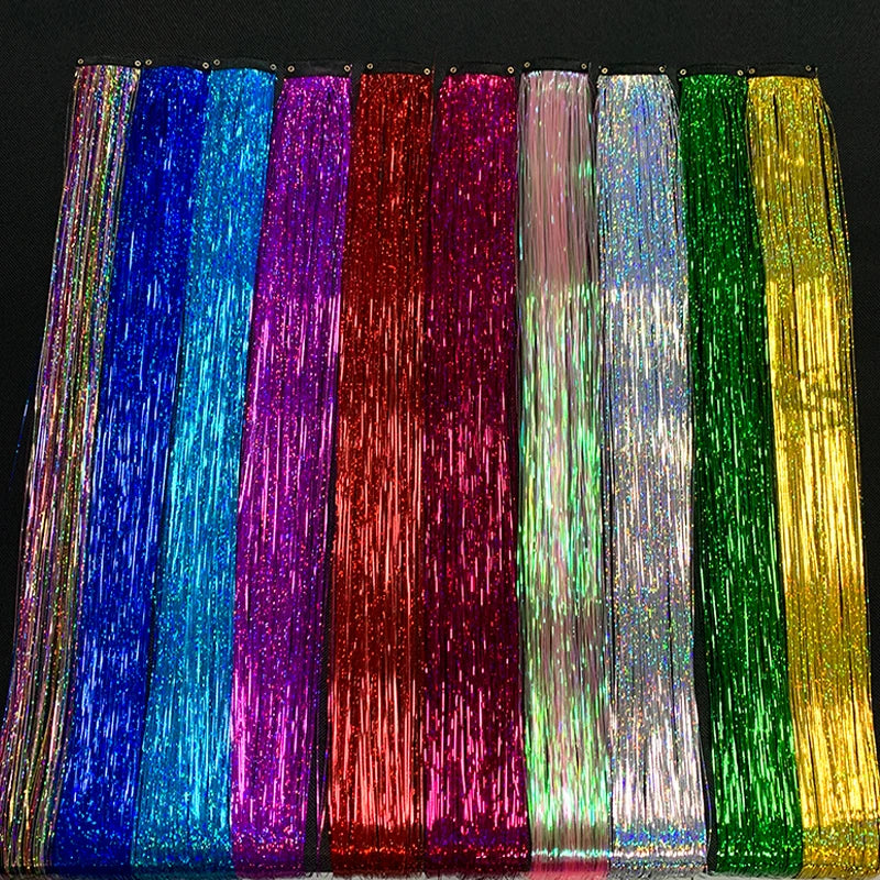 Rainbow Glitter Tinsel Hair Extensions Clip In for Party and Daily Style