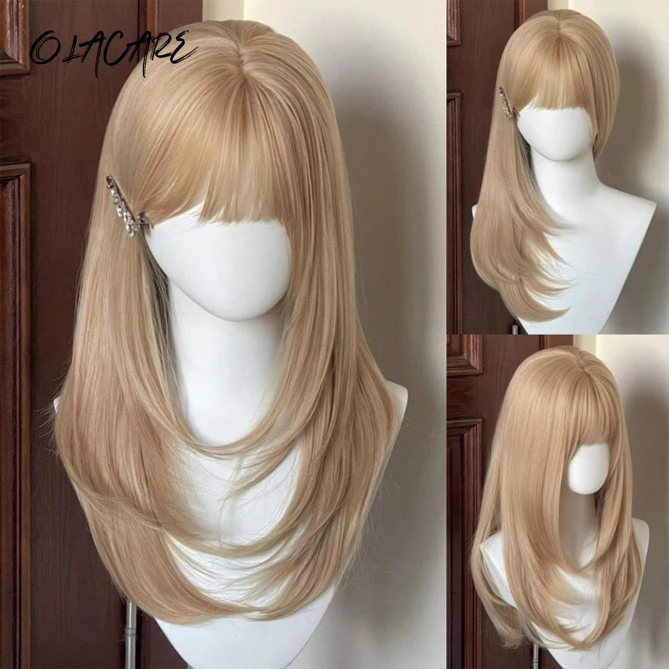 Long Straight Blonde Layered Wig with Bangs - 1