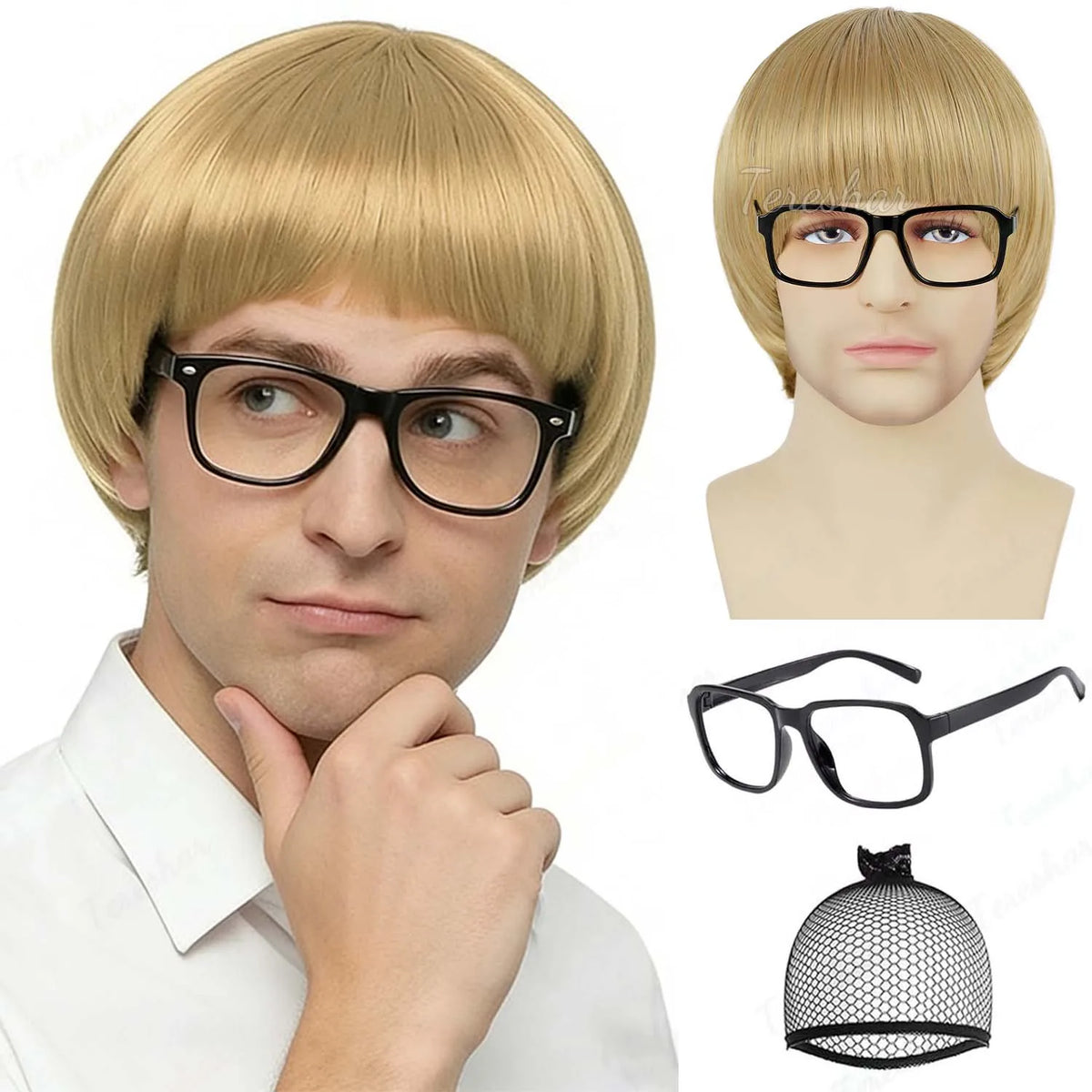 Short Retro Bowl Cut Cosplay Wig with Glasses for Costume Parties