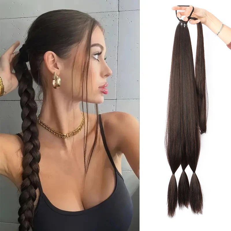 Long Straight Pre-Sectioned Braiding Ponytail Hairpiece for Women