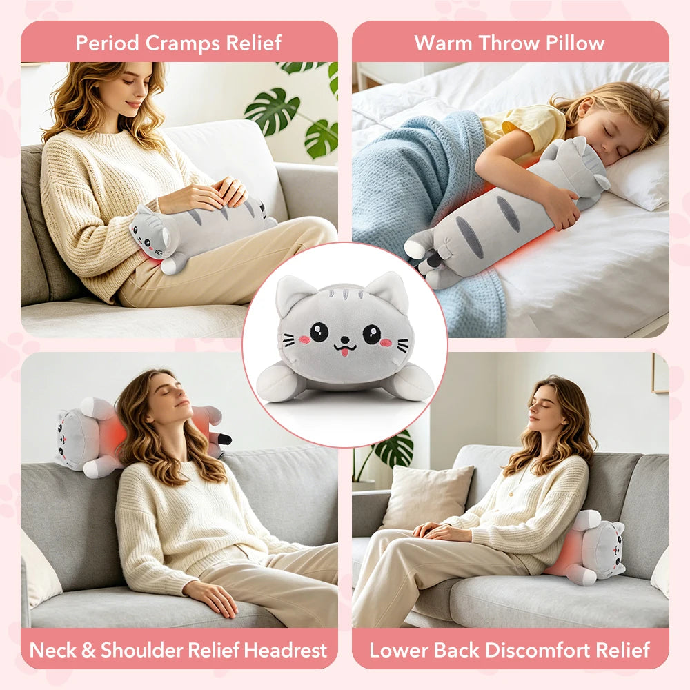 USB Heated Plush Cat Pillow for Menstrual Cramps and Back Pain Relief - 12