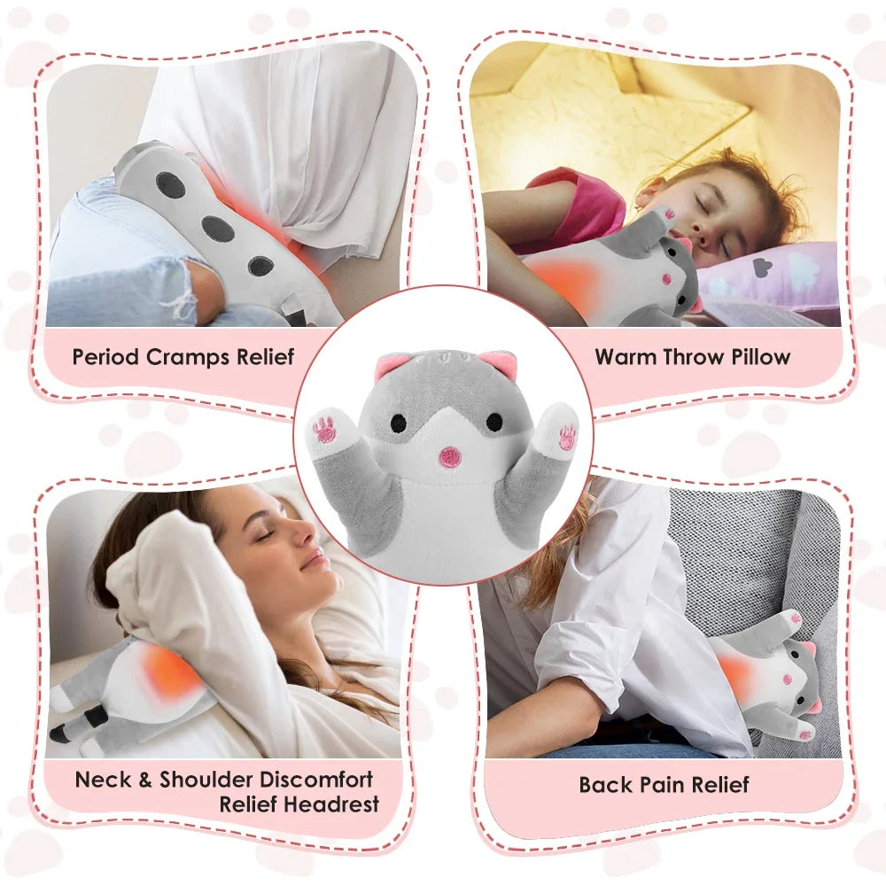 USB Heated Cat Plush Pillow with 5 Heat Settings and Timer for Comfort - 6