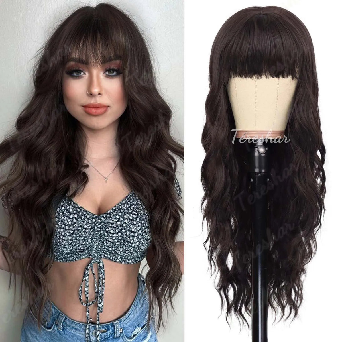 Long Wavy Orange Wig with Bangs for Cosplay and Daily Wear