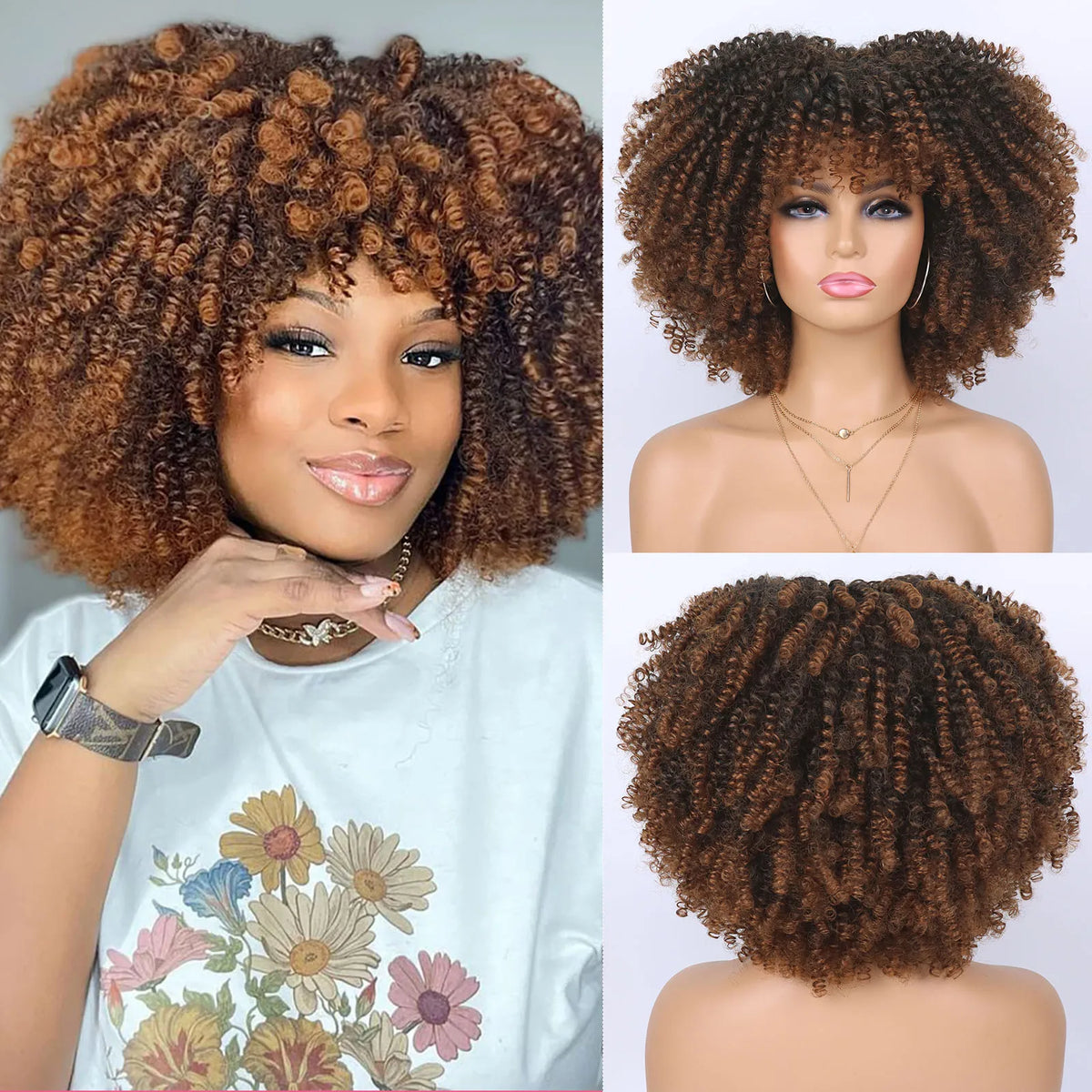 Short Kinky Curly Afro Wig with Bangs for Daily Wear