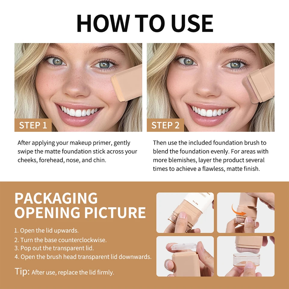 Matte Foundation Stick with Built-in Brush for Flawless Coverage