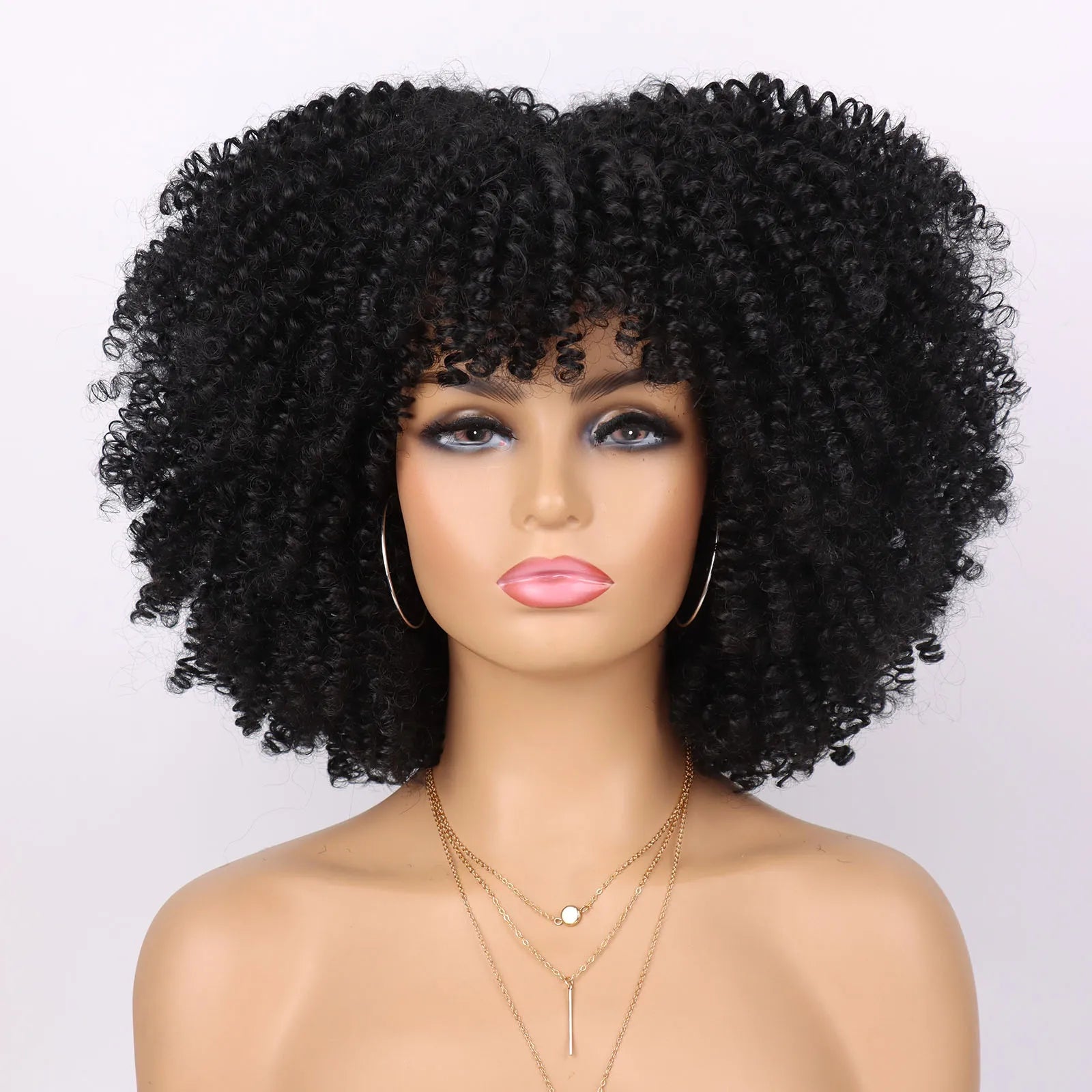 Short Kinky Curly Afro Wig with Bangs for Daily Wear - 31