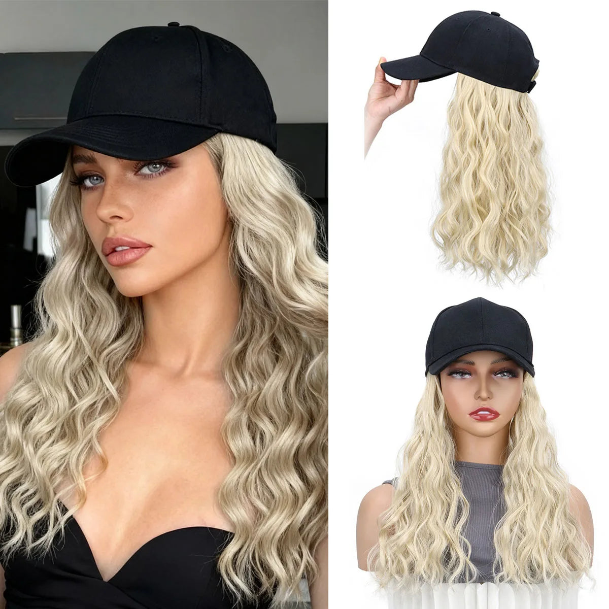 Natural Wave Baseball Cap Wig with Hair Extensions for Women
