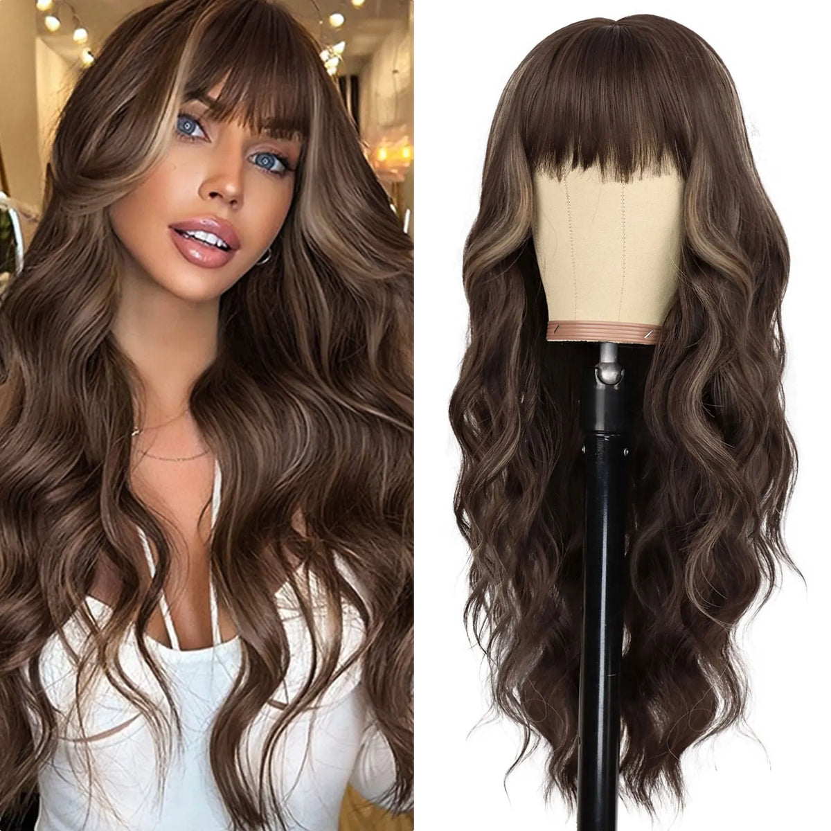 Long Wavy Synthetic Wig with Bangs for Daily Use and Parties