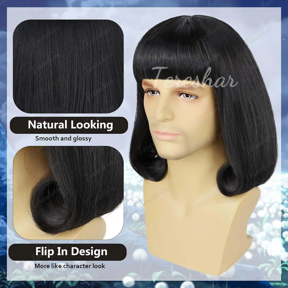 Short Black Bob Cosplay Wig with Bangs for Halloween and Costume Parties