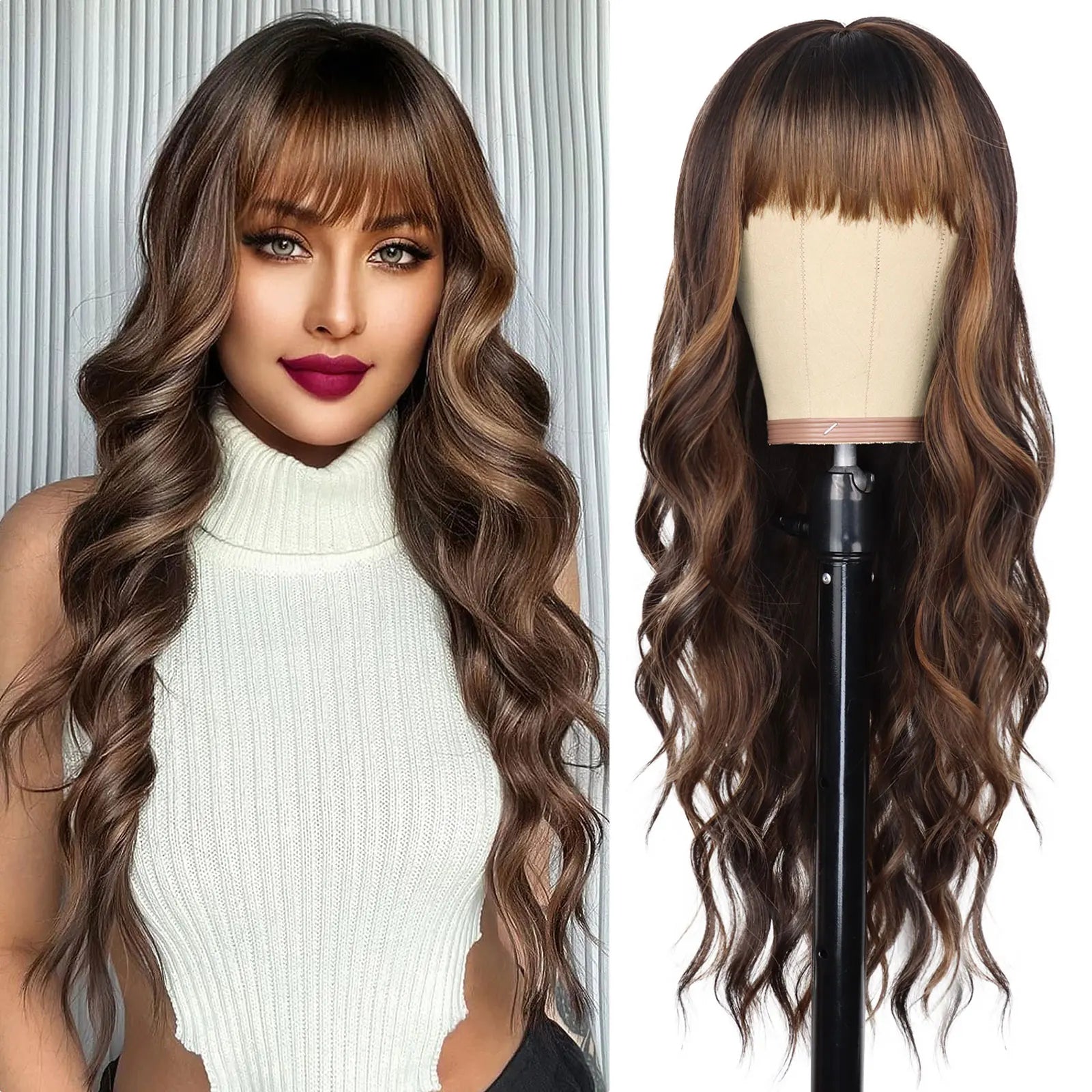 Long Wavy Synthetic Wig with Bangs for Daily Use and Parties - 20