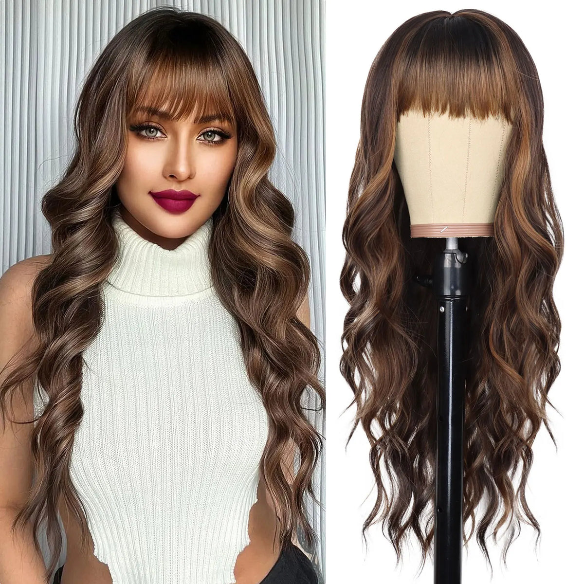 Long Wavy Synthetic Wig with Bangs for Daily Use and Parties