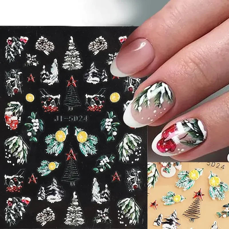 5D Embossed Christmas Nail Art Stickers for Winter Holiday Manicures