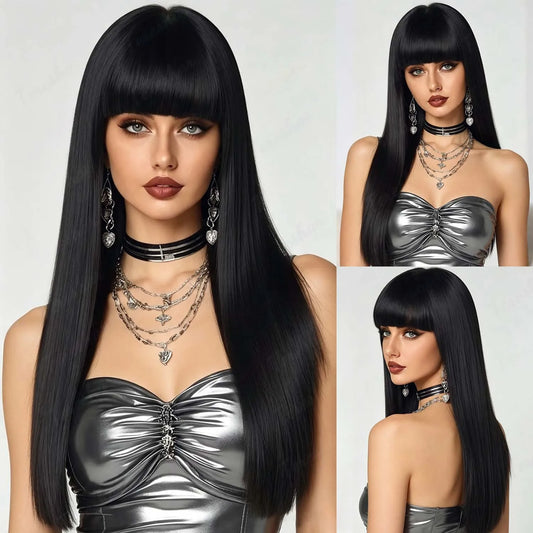 26-Inch Long Straight Wig with Bangs for Daily and Party Wear