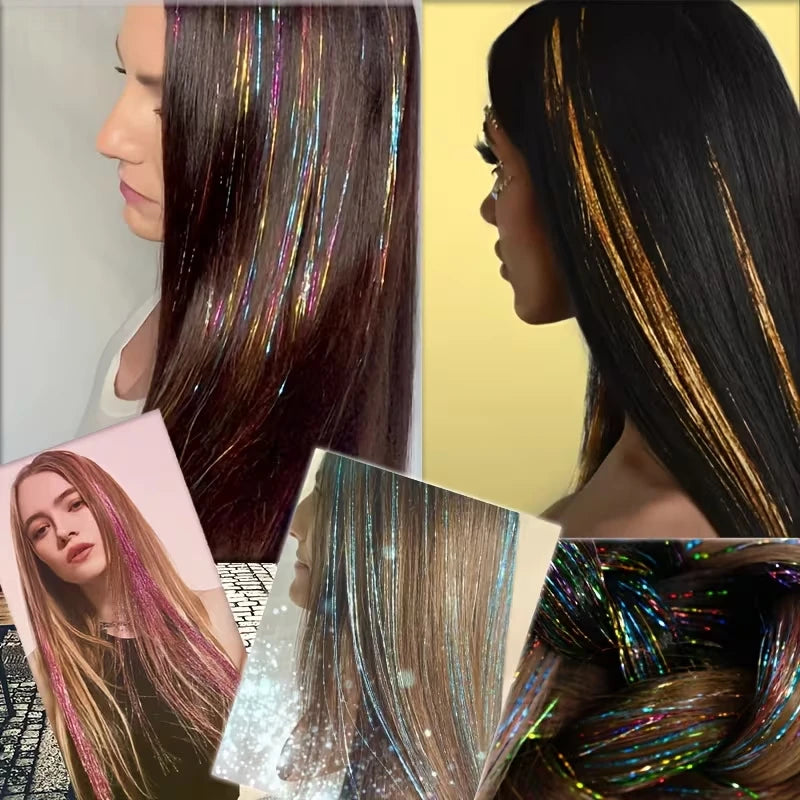 Rainbow Glitter Tinsel Hair Extensions Clip In for Party and Daily Style - 6