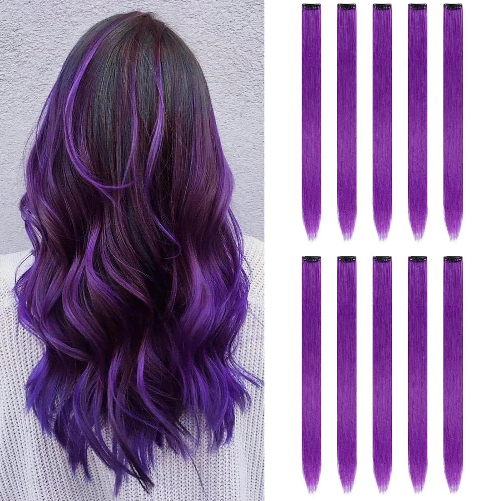 10pc Clip-In Colored Synthetic Hair Extensions for Instant Highlights - 1