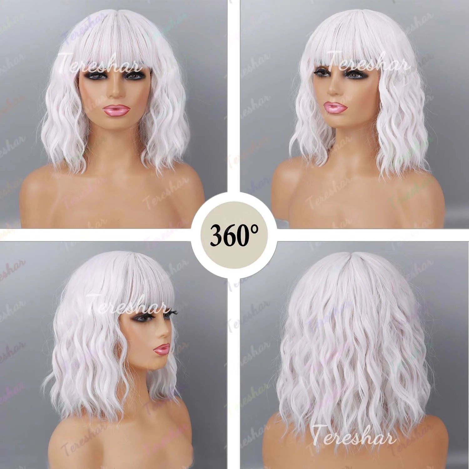 Short Wavy White Wig with Bangs for Cosplay and Daily Wear - 7