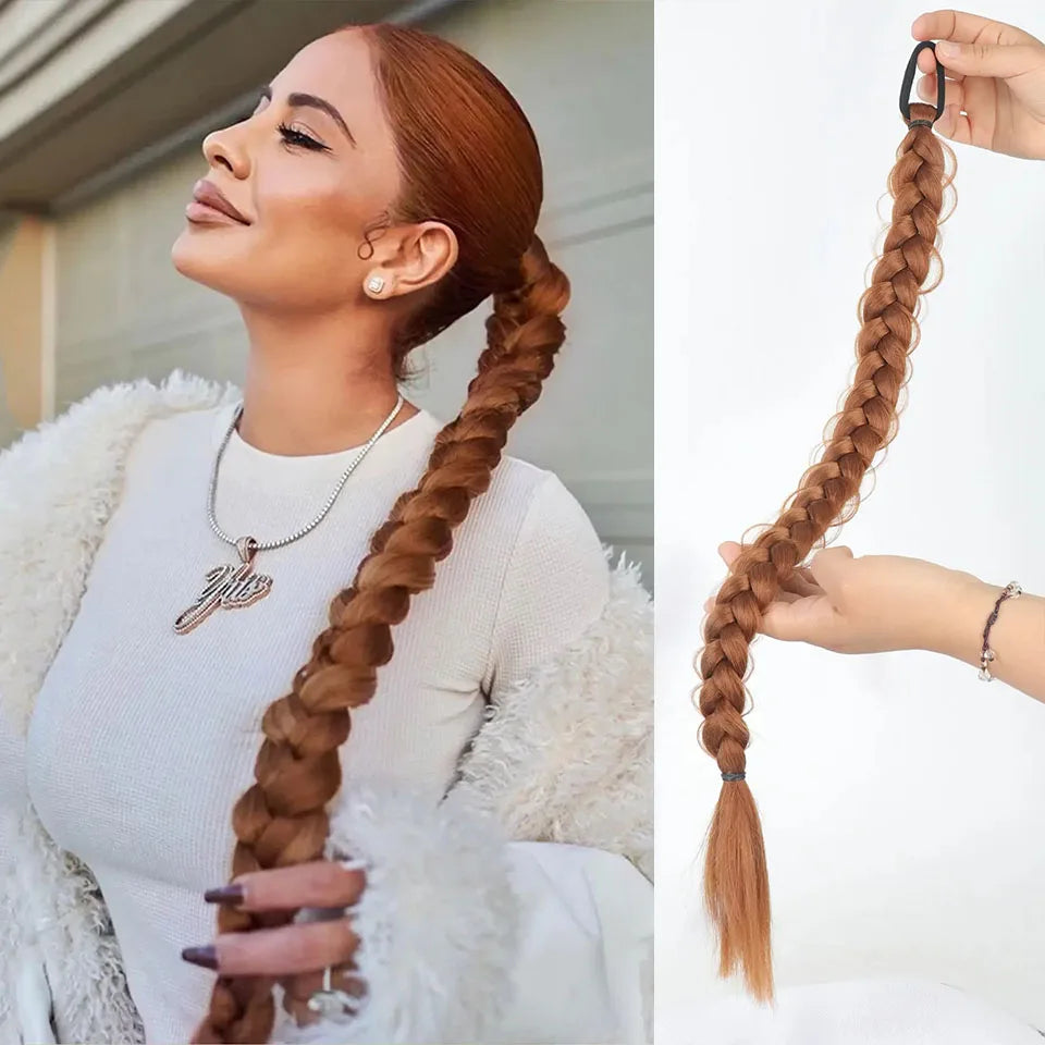 Long Synthetic Braided Ponytail Extension with Secure Rubber Band