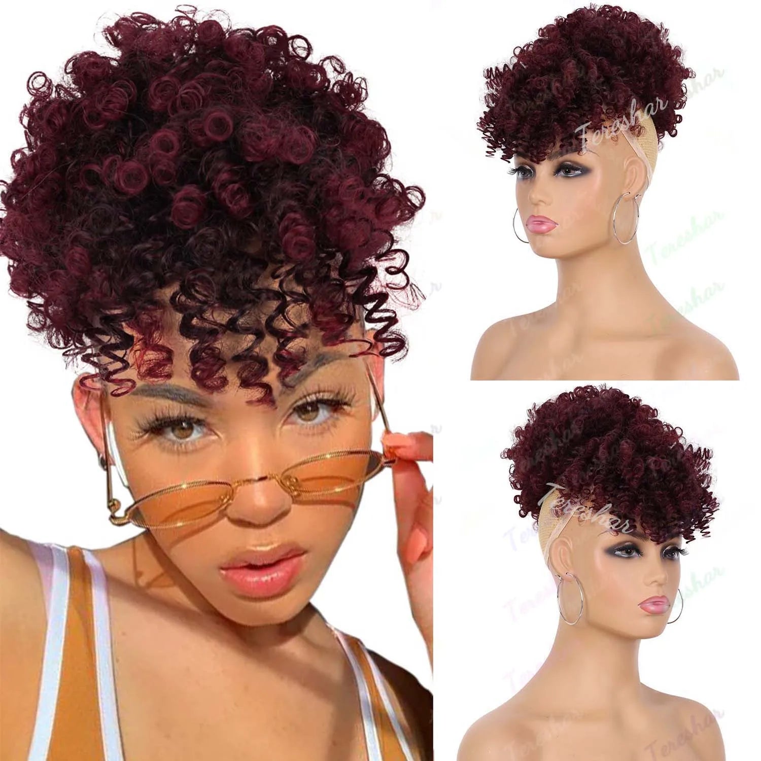 Kinky Curly Afro Puff Ponytail Extension with Bangs for Women - 10