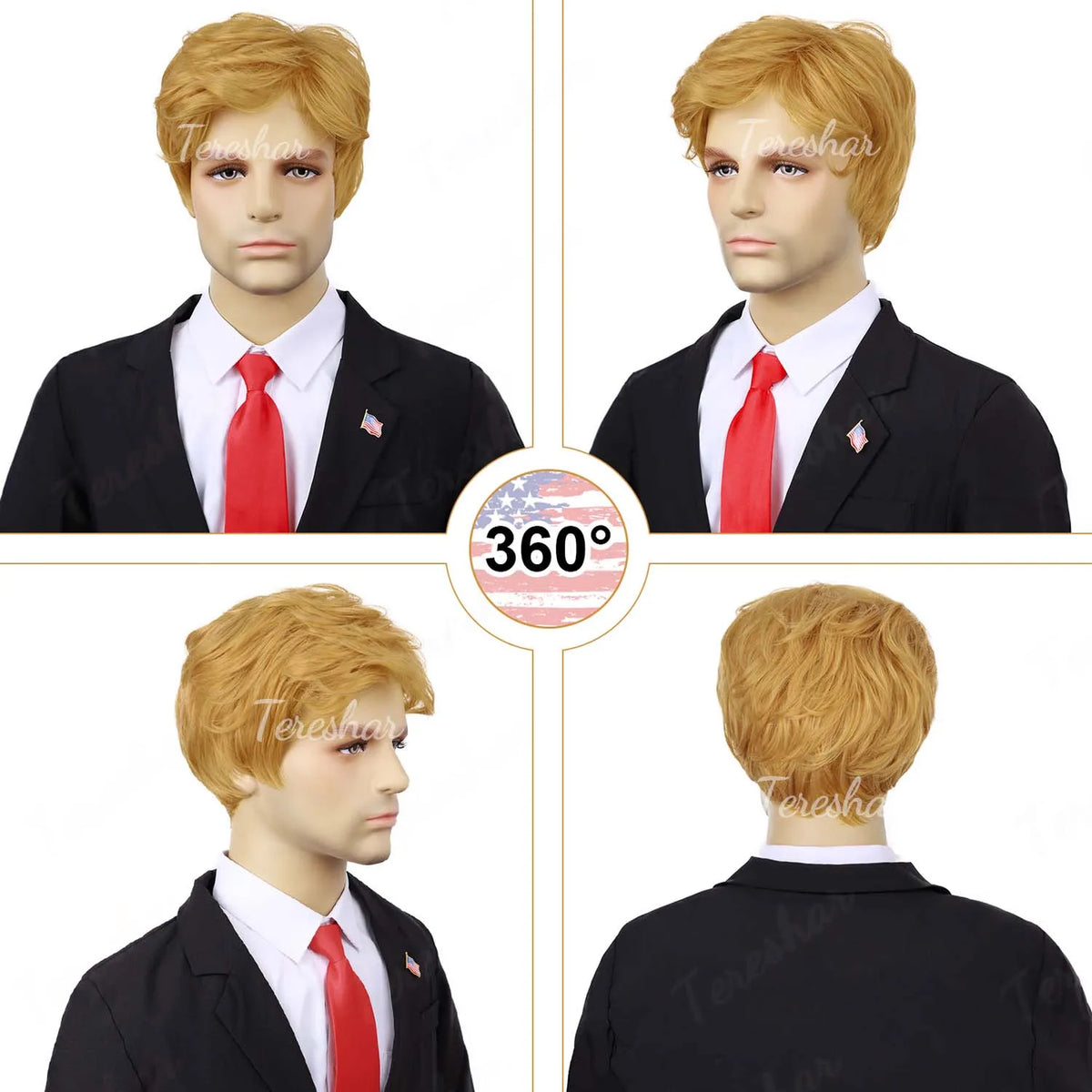 Blonde Pixie Cut Costume Wig with Red Tie and Flag Pin for Men Cosplay