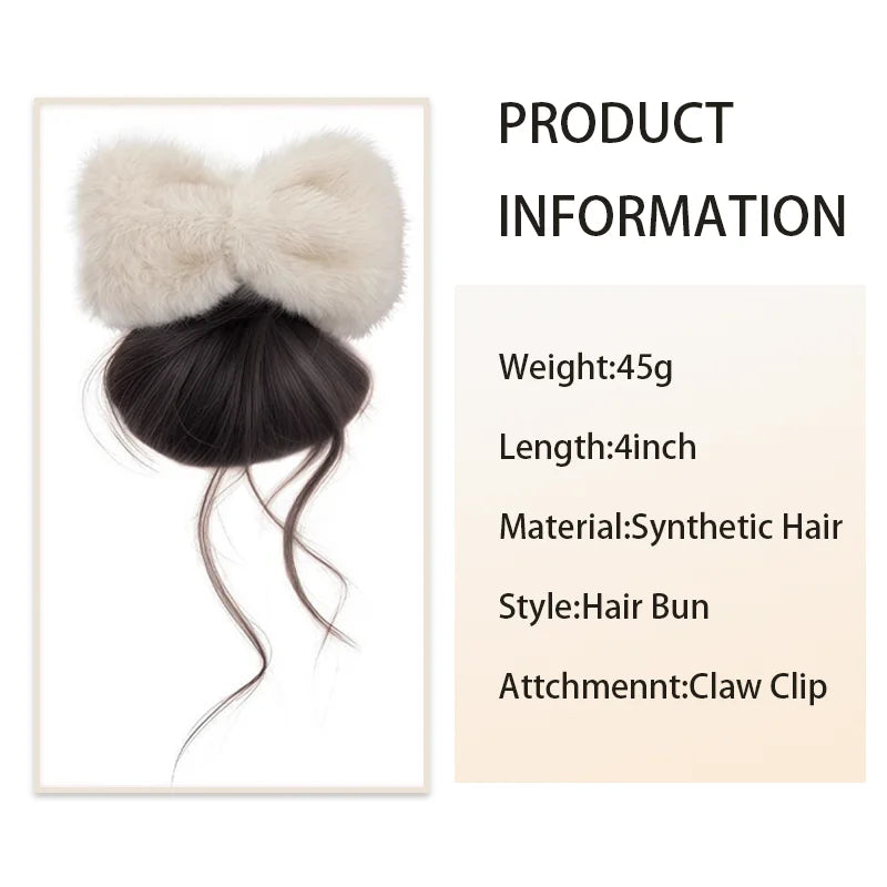 Fluffy Plush Bow Synthetic Hair Bun Extension Clip for Effortless Styling