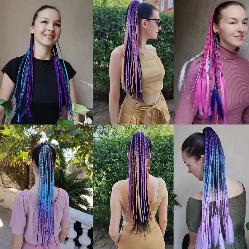24-Inch Rainbow Braided Ponytail Extension for Vibrant Styles