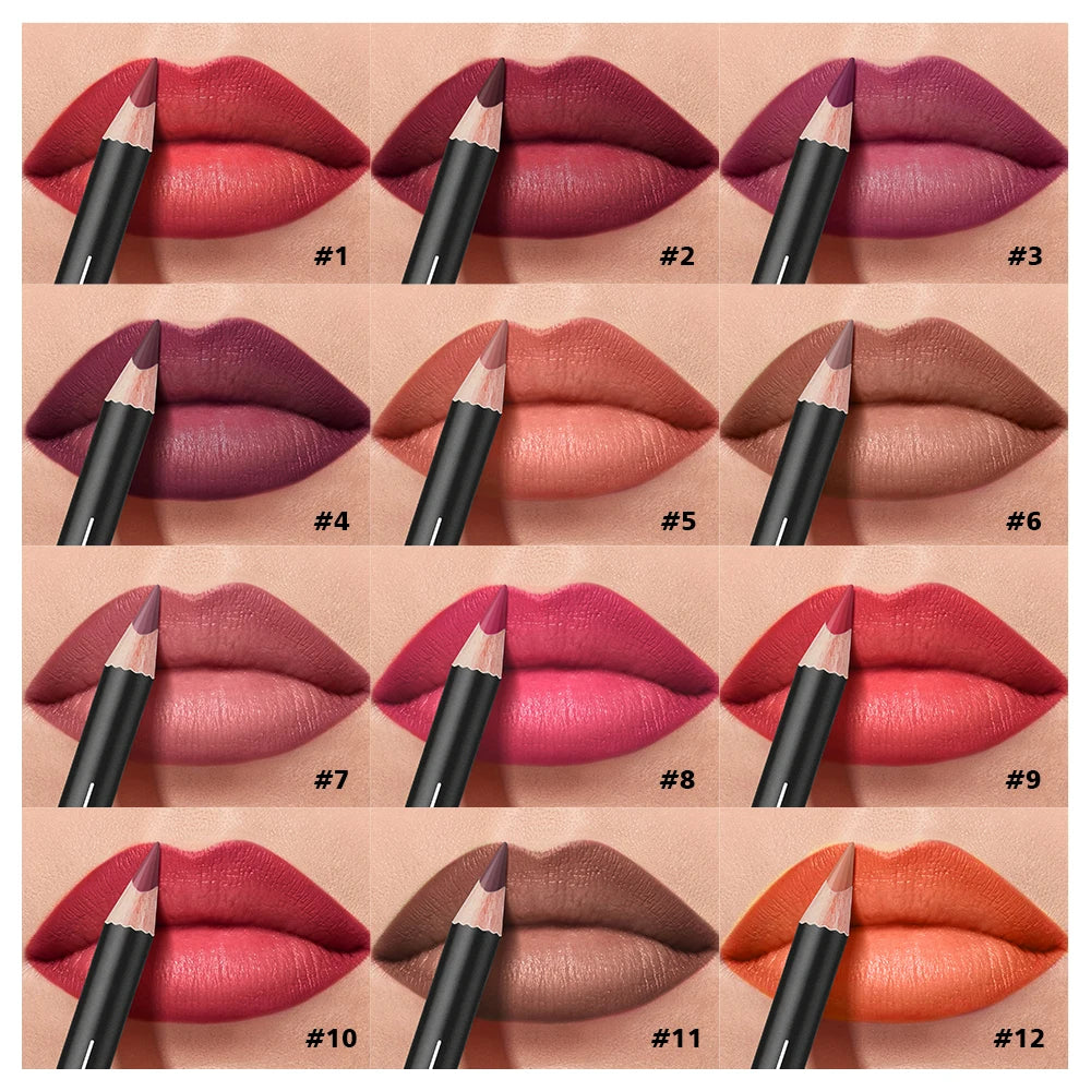 Professional 12-Color Semi-Matte Waterproof Lip Liner Pencil Set