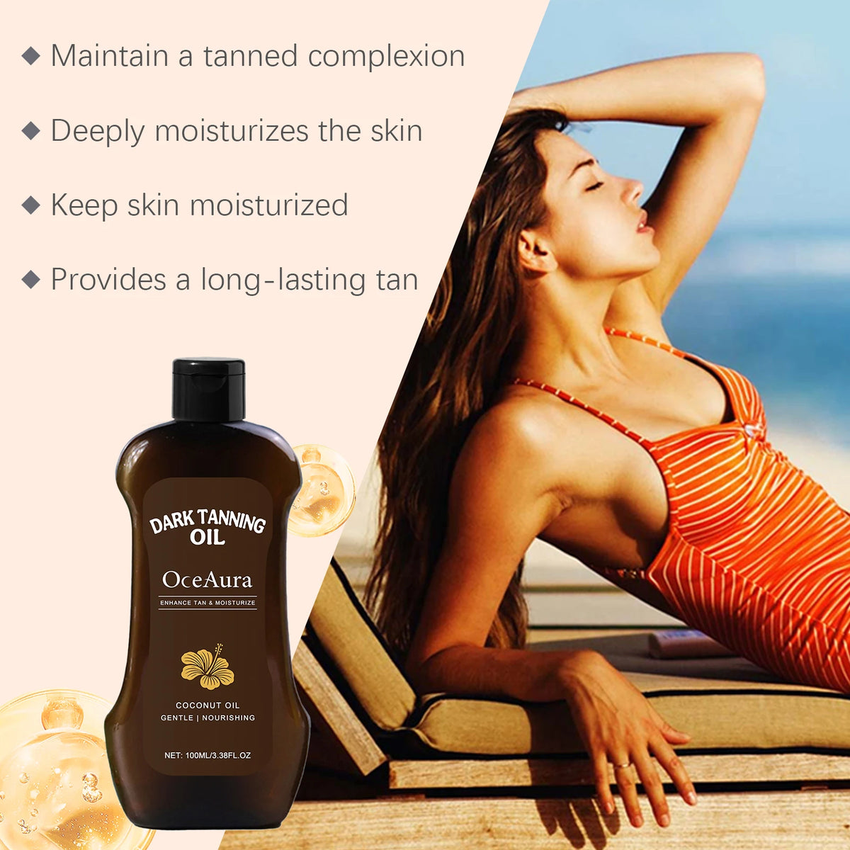 Coconut Oil Dark Tanning Body Oil for Deep Bronze Glow and Hydration