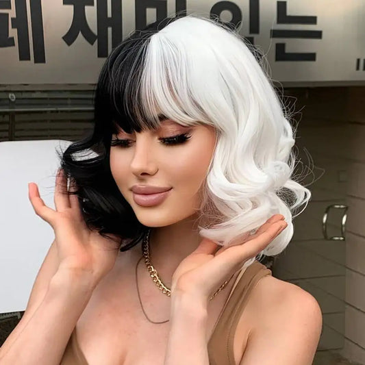 Split Color Black and White Mid-Length Wavy Wig with Bangs