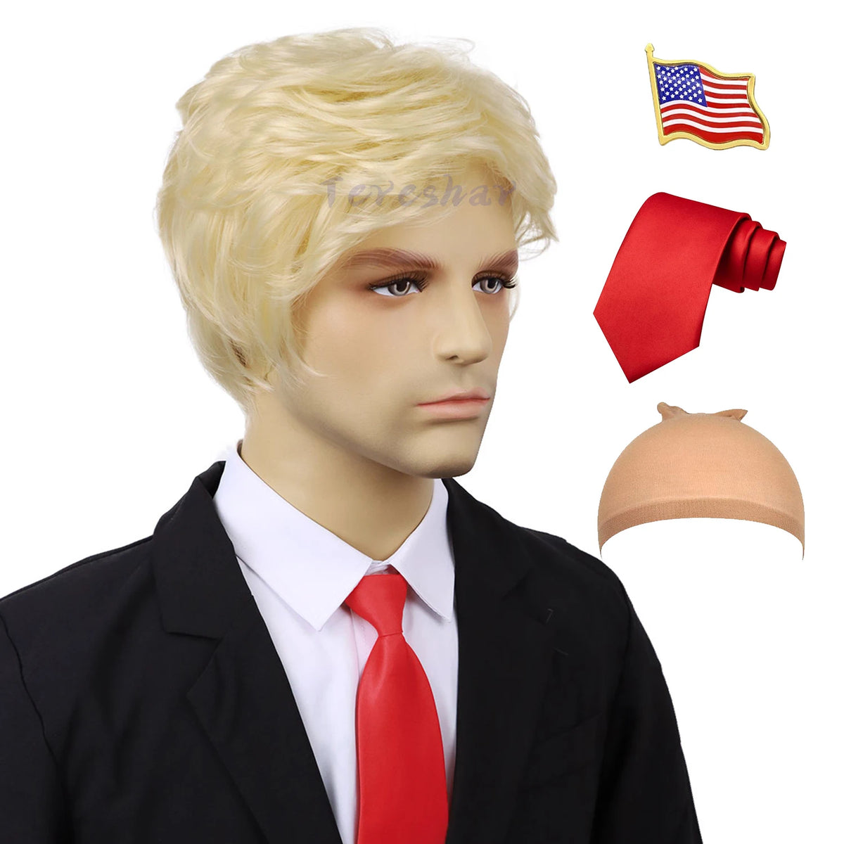 Blonde Pixie Cut Costume Wig with Red Tie and Flag Pin for Men Cosplay
