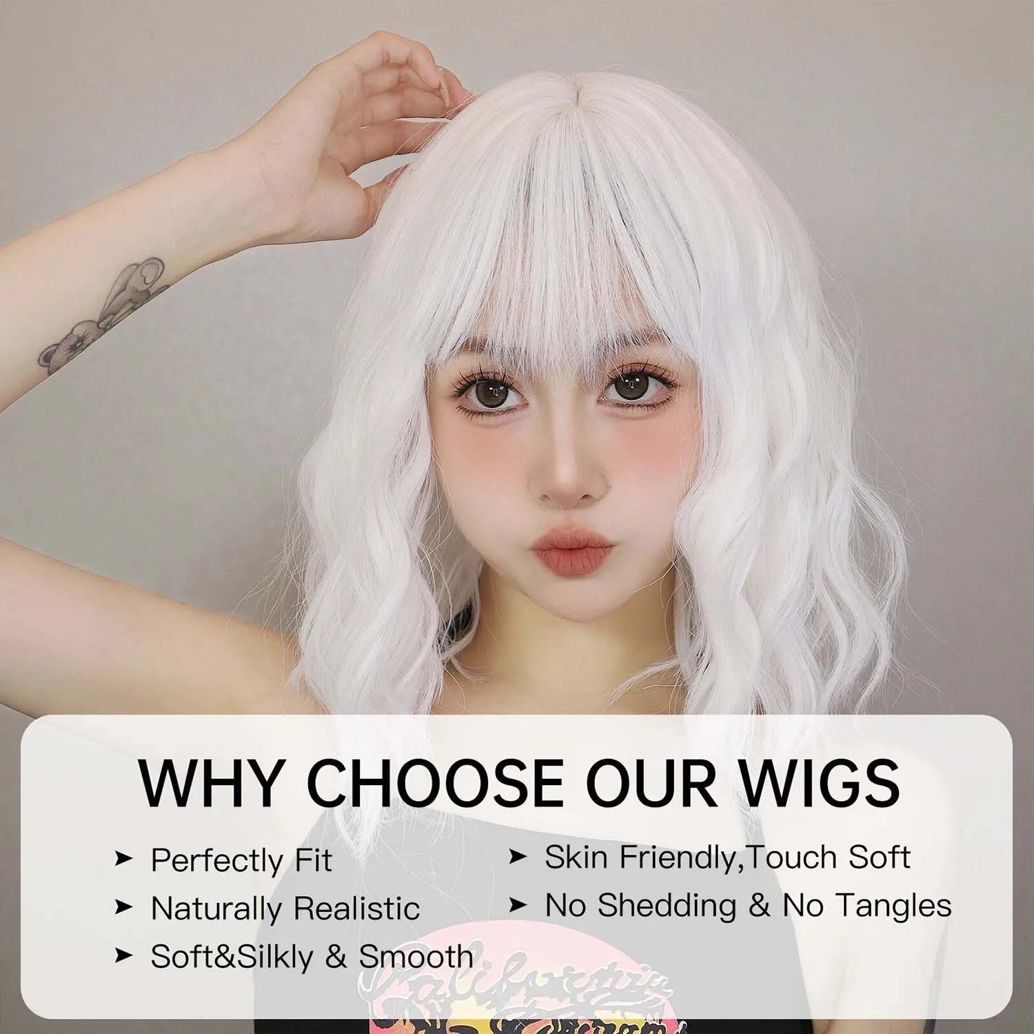 Short Wavy White Wig with Bangs for Cosplay and Daily Wear - 4