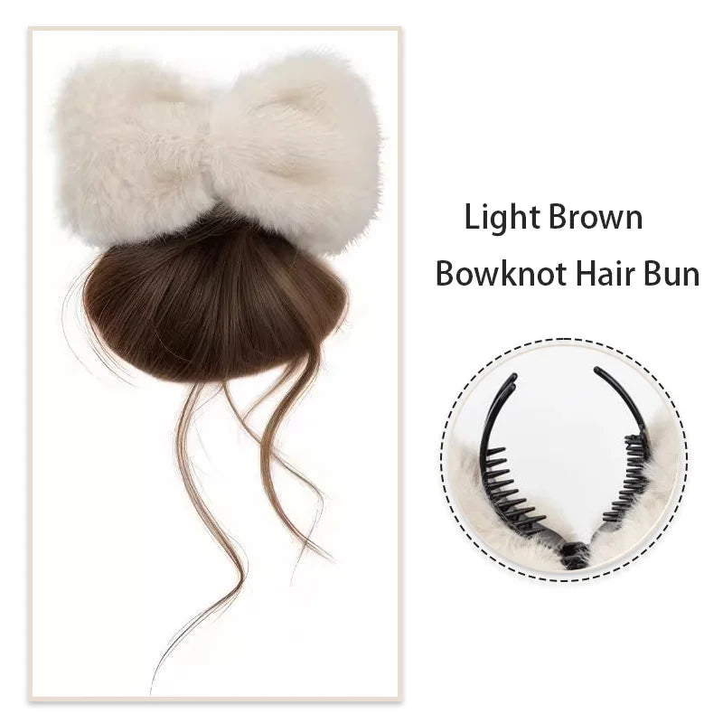 Fluffy Plush Bow Synthetic Hair Bun Extension Clip for Effortless Styling - 10