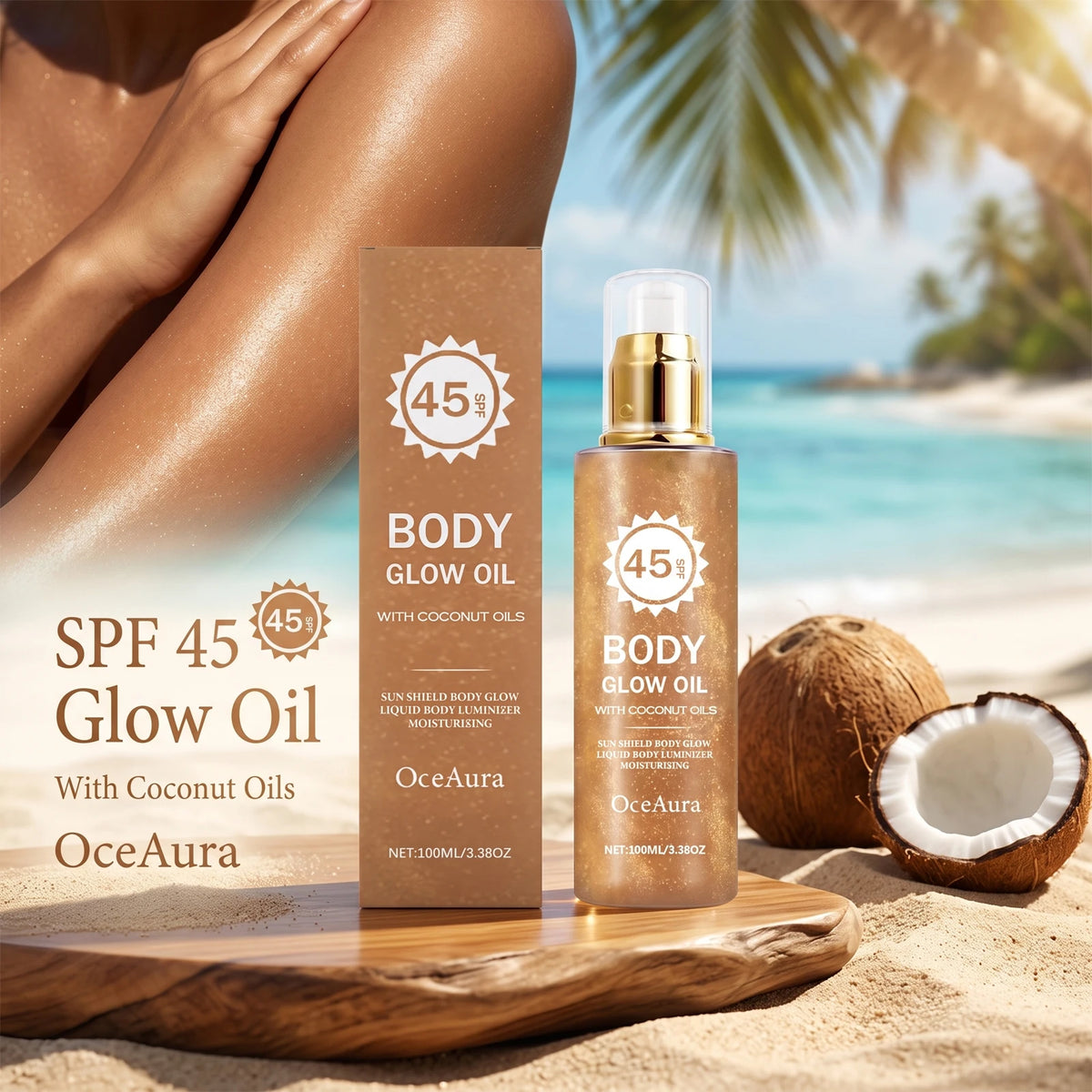 SPF 45 Shimmering Body Glow Oil for Sun Protection and Moisturized Skin
