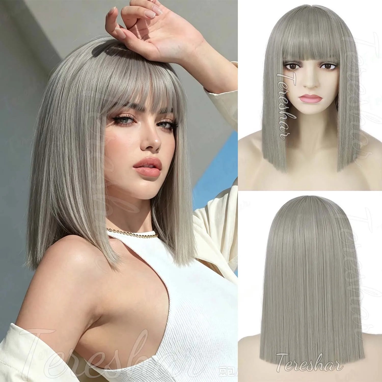 Short Straight Bob Wig with Bangs for Daily Wear and Costume Parties - 16
