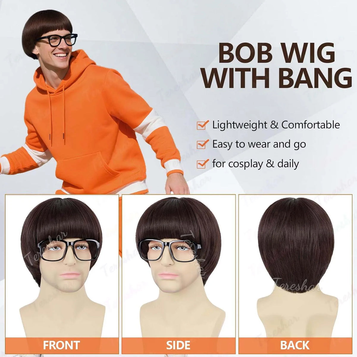 Short Synthetic Mushroom Wig with Glasses for Costume Parties