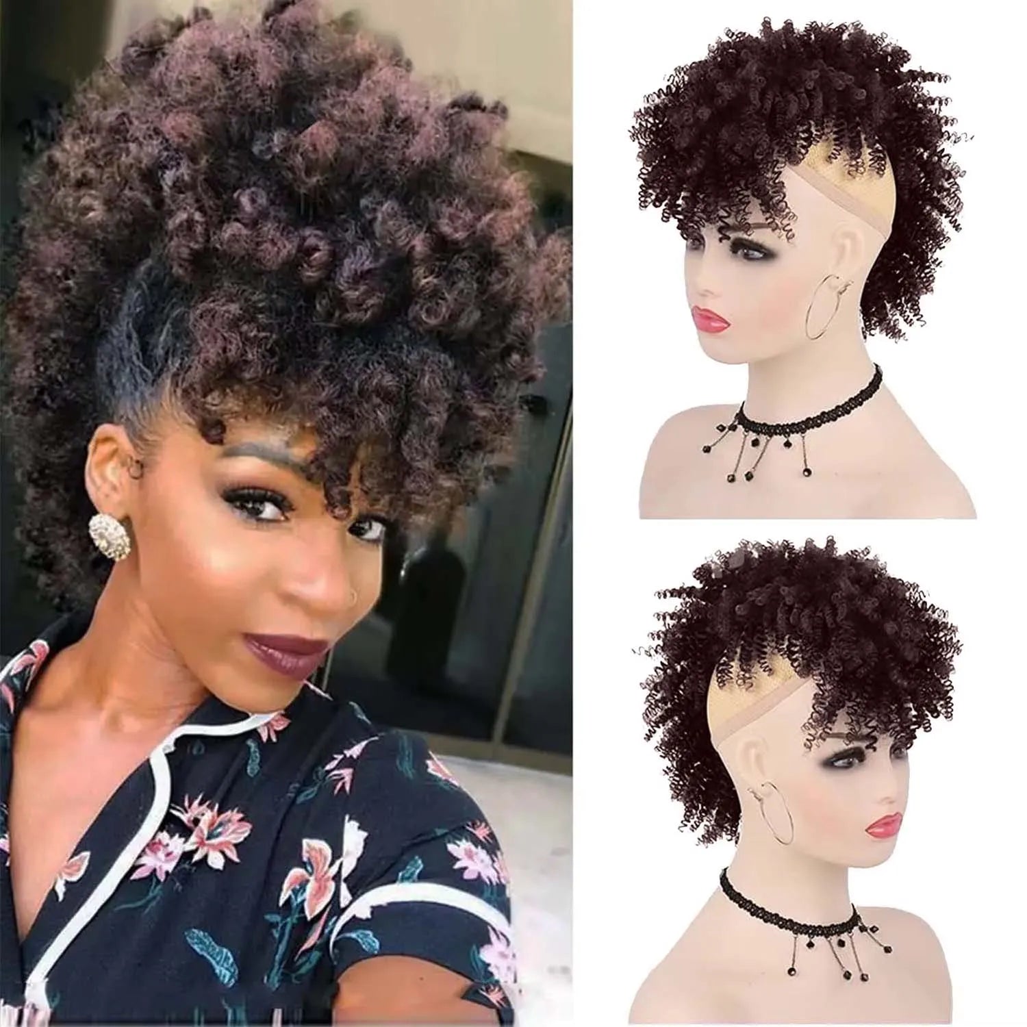 Short Afro Kinky Curly Synthetic Ponytail with Bangs for Daily Hair Styling - 8