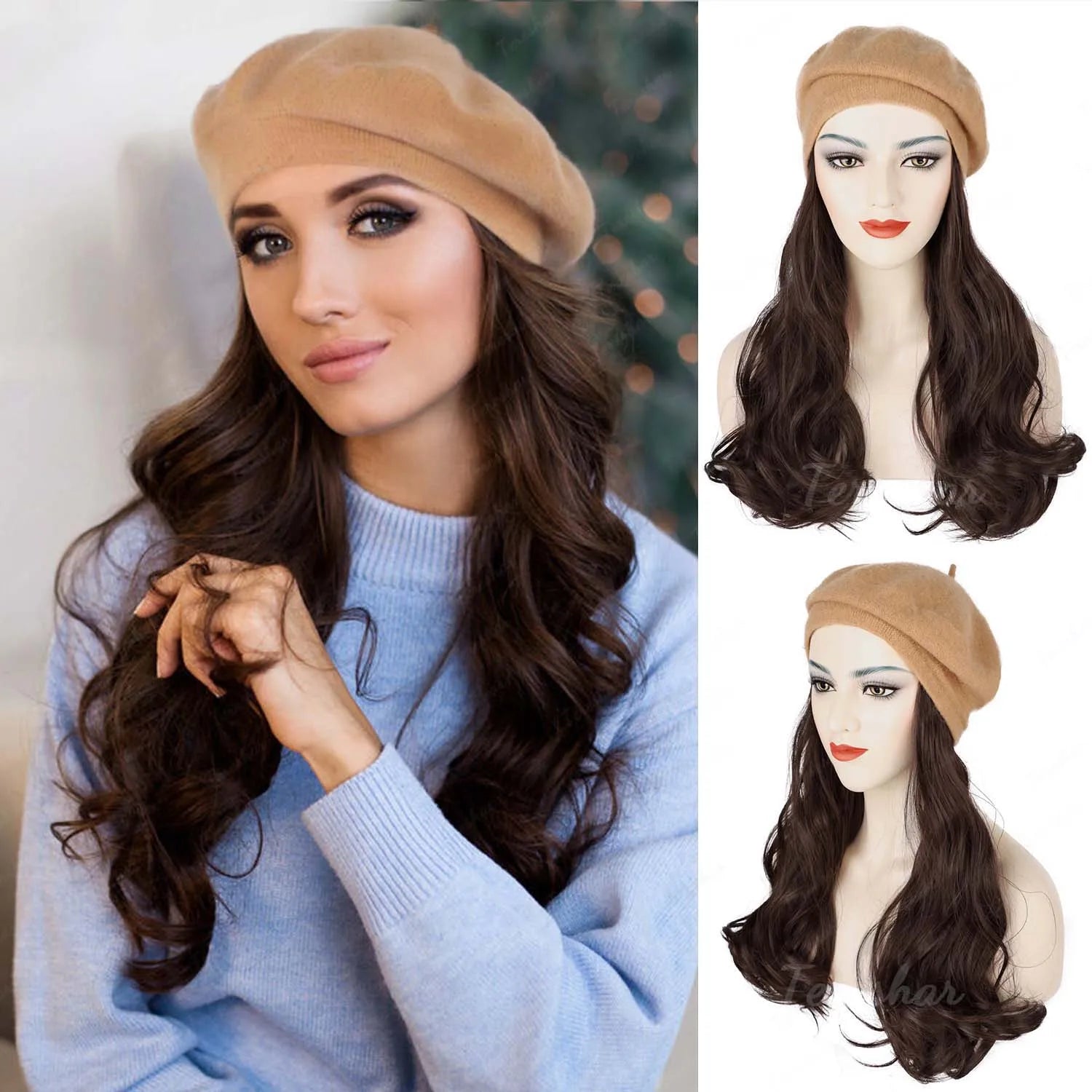 Long Curly Hair Extension Beret Hat for Women - 13