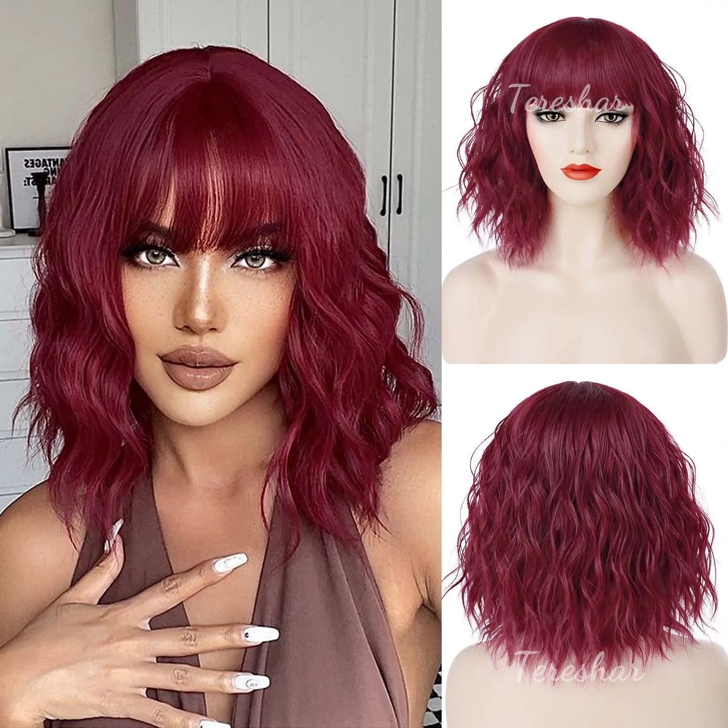 Short Wavy White Wig with Bangs for Cosplay and Daily Wear - 14