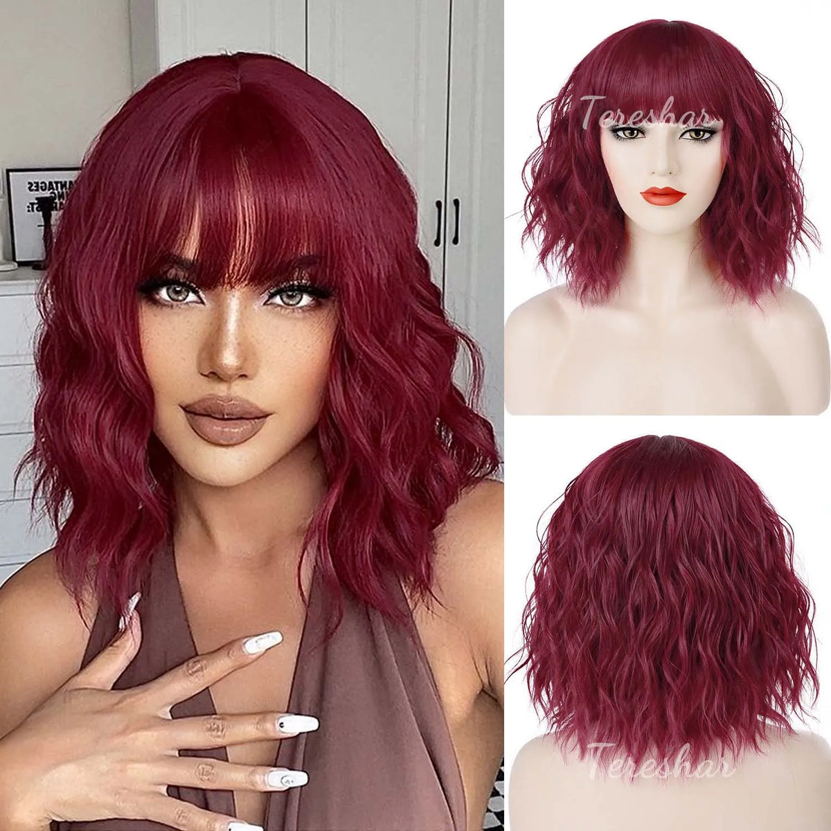 Short Wavy White Wig with Bangs for Cosplay and Daily Wear