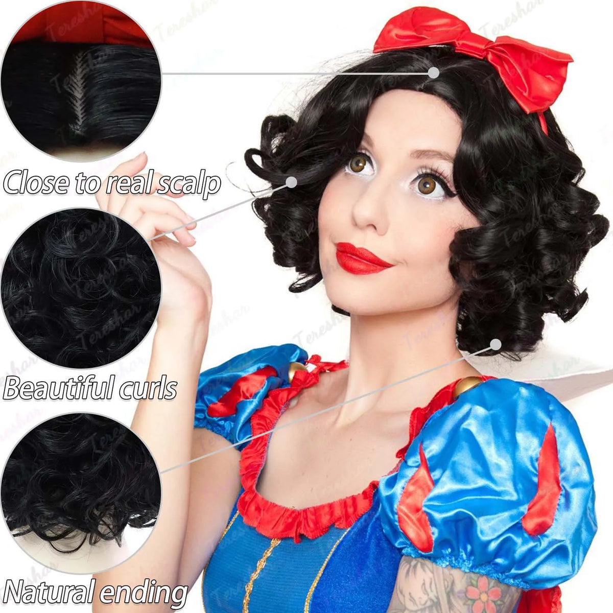 Short Curly Bob Wig with Red Bow Headband for Costume and Cosplay