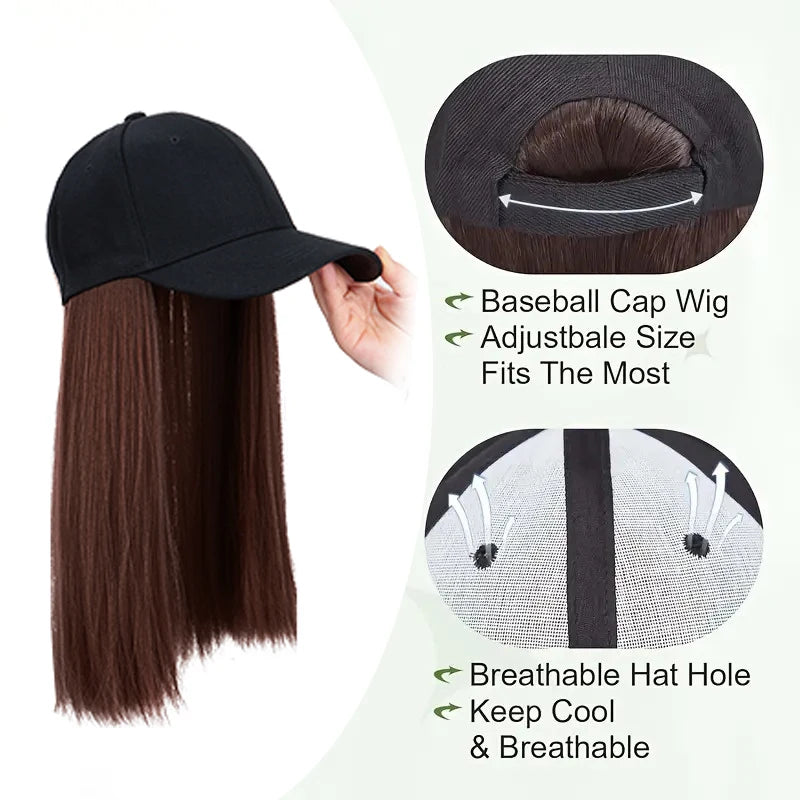 Adjustable Baseball Cap with Attached Long Straight Hair Extension - 2