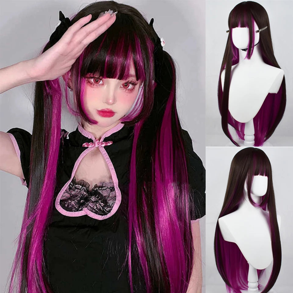 Long Wavy Ombre Blonde Pink Wig with Bangs